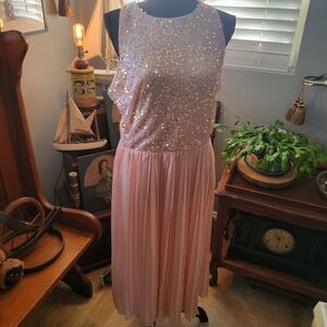 Boohoo Pink Sequin Bodice Pleated Midi Dress